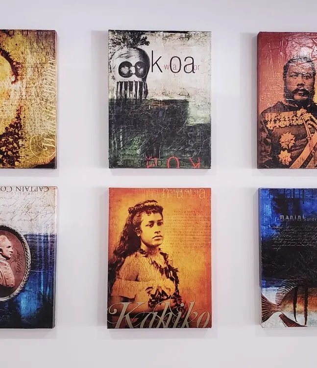 Six Hawaiian portrait canvases on the waiting room wall.